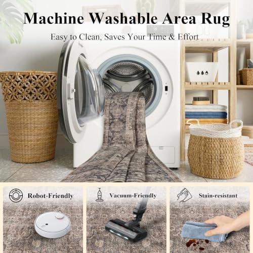 Washable 6ft Round Living Room Soft Rug Retro Taupe Navy Throw Carpet - Image 5