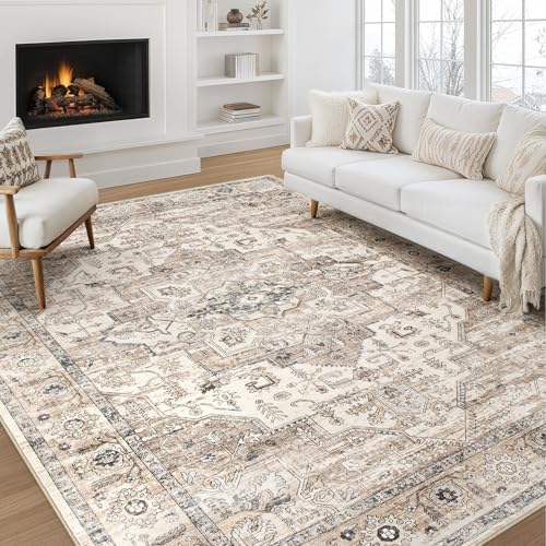 8x10 Area Rugs for Living Room: Washable Vintage Tea Brown Rug by ZUNTKON