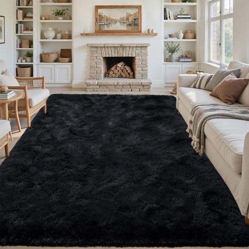 7x10 Black Area Rugs for Living Room, Large Fluffy Shag Bedroom Rugs Non-Slip, Ultra Soft Plush Carpet for Nursery Kids PlayRoom Dorm Office Indoor Modern Carpets by Lo%CC%80utiRootHome