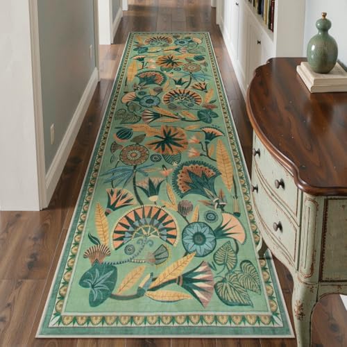 Zealude Floral Kitchen Rugs, 2.5X8 Green Runner Rug for Hallway, Non Slip Rugs for Entryway, Washable Carpet Runner with Rubber Backing, Vintage Rug for Bathroom Bedroom Indoor - Image 2