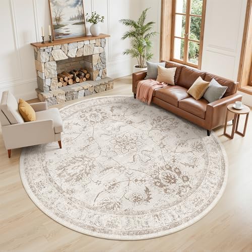 Madane Washable Round Rug 9ft for Living Room,Soft Neutral Rug Brown/Ivory by Madane