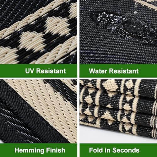RURALITY Outdoor Rug 9x12 Waterproof for Patio Clearance,Large Plastic Straw Mat for Camping,Porch,RV,Black and Beige - Image 4