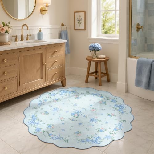 Wonnitar 4ft Blue Round Rug for Nursery, Bow Floral Small Circle Rug - Image 6