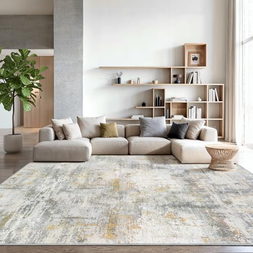 Amada Washable 10'x14' Abstract Area Rug for Living Room Beige by AMADAHOMEFURNISHING