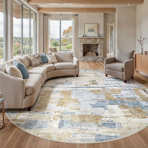 kakania Abstract 12x12 Round Rugs for Living Room: Circle Rugs 12FT Blue Gold by kakania