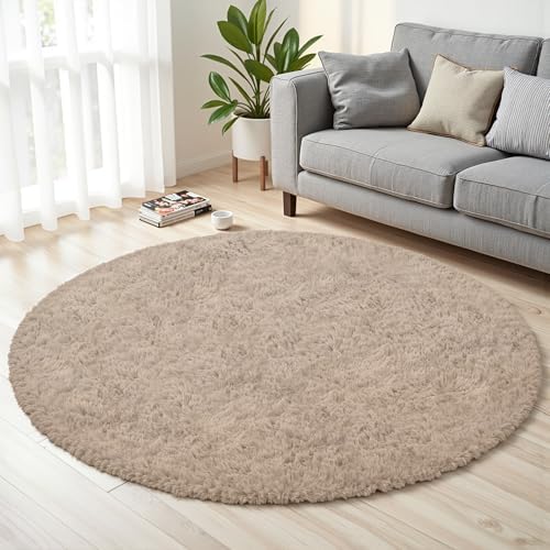 Beige Round Fluffy Rug 6ft Plush Fuzzy Shaggy Carpet - Image 2