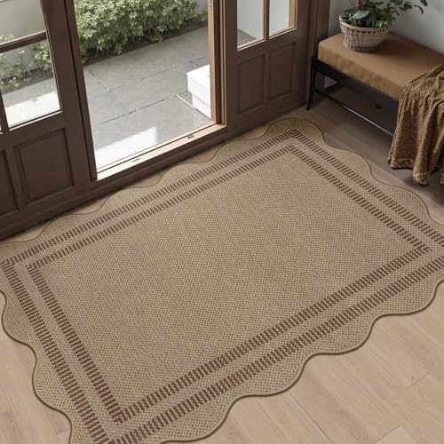 Easy Jute Front Door Mat, 2.6x4 Washable Entryway Rug Non Slip Small Kitchen Rug, Farmhouse Low Pile Floor Scalloped Rugs for Bathroom Porch Doorway by LORWER