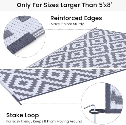 Smiry Outdoor Rug 8x10 ft Waterproof Reversible Boho Mat, White & Grey - Image 4