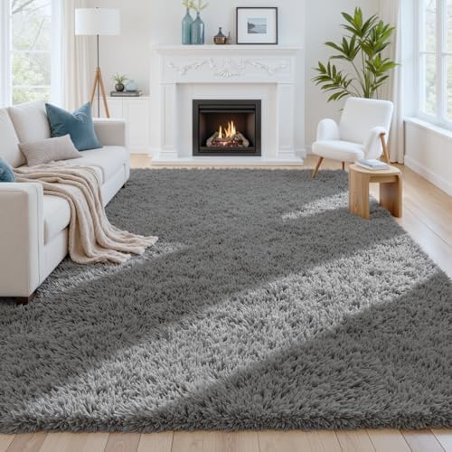 8x10 Fluffy Shag Area Rugs for Living Room Bedroom: Soft Carpet Light Gray by CarpetAddColortoYourLife