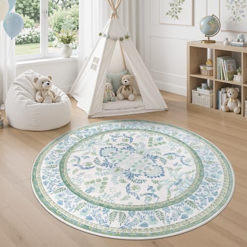 DCX Green and Blue Rug 4x4 Botanical Floral Round Rug - Image 3