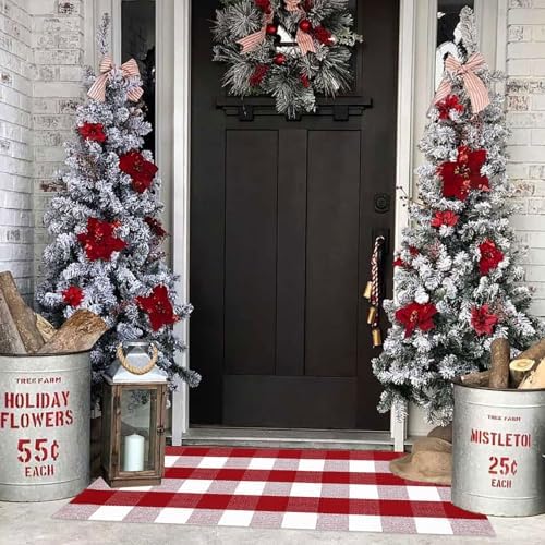 Christmas Plaid Outdoor Rug, 2'x4'3'' Red&White Check Indoor/Outdoor Area Rug, Layering Rug for Hello/Welcome Door Mat, Machine Washable Cotton Woven Rug for Farmhouse Front Porch, Entryway by BOTTA