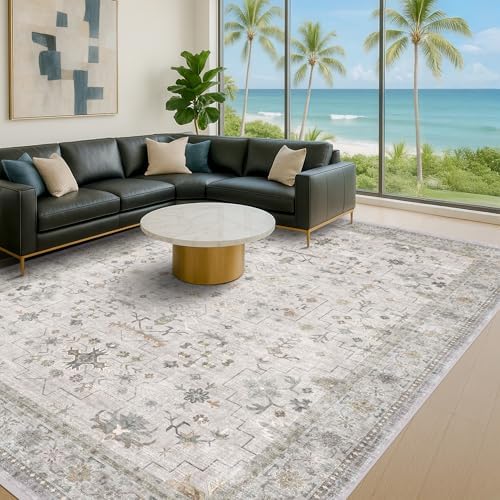 Large Light Gray & Sage 10x14 Living Room Rug - Vintage Floral Area Rug for Dining Room, Washable Low Pile Bedroom Carpet, Modern Eclectic Geometric Decor & Stain Resistance by HazoHaus