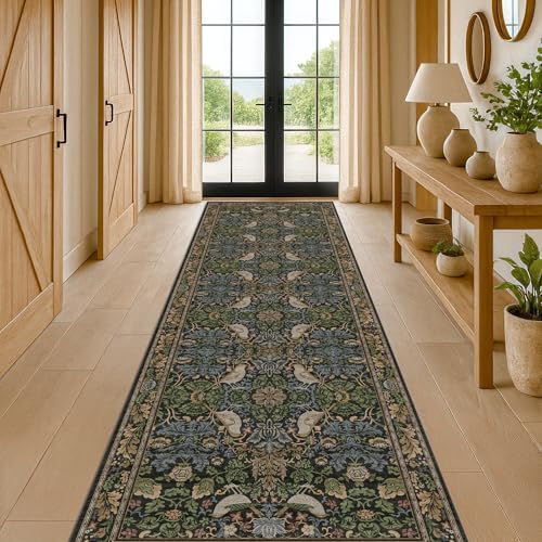 10 ft Long Vintage Runner Rugs for Hallways - 3x10 Wide Kitchen Runners, Entryway Rug, with Flowers and Leaves, Washable Non Slip Low Pile by HazoHaus