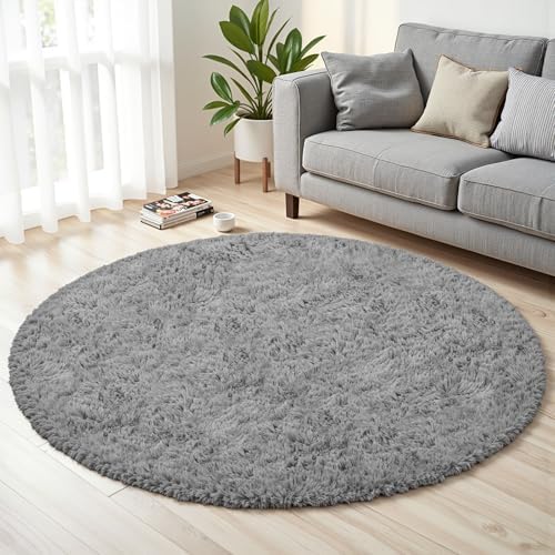 Light Gray Round Fluffy Rug 6ft Plush Fuzzy Shaggy Carpet by Unknown