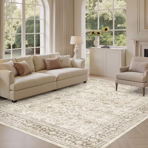 7x9 Area Rug: Washable Vintage Yellowish Brown Rugs for Living Room by ZUNTKON