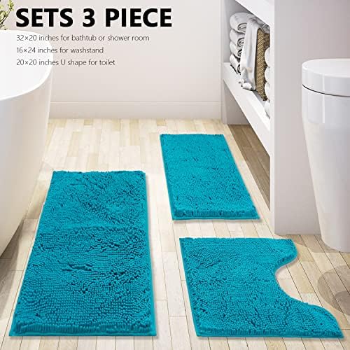 Bathroom Rugs Chenille 3-Piece Extra Soft and Absorbent Shag Bathroom Rugs, Machine Wash Mat, Strong PVC Non-Slip Underside, Plush Carpet Mats (Turquoise) - Image 3