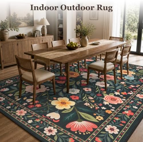 PADOOR Outdoor Rug 4x6 ft, Floral Washable Indoor Outdoor Area Rug, Flat‑Woven with Quick Dry Patio Carpet, Fade & Shed Resistant, Non‑Slip for Patio, Balcony, Porch, Deck, Entryway, Charcoal Grey - Image 5
