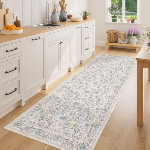 DUKINO 2x6 Runner Rug, Washable Vintage Floral Kitchen Rug, Cream Blue - Image 3