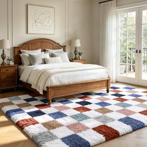 Large Shag Area Rug for Bedroom Living Room,9x12 Fluffy Soft Colorful Checkered Rug Fuzzy Shaggy Bedroom Carpet,Indoor Plush Floor Rugs for Teen Dorm Home Decor - Image 4