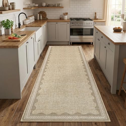 GarveeHome 2.5x8 Runner Rug for Hallway Washable Kitchen Rugs Non Slip Solid Tan Jute Digital Printing Modern Soft Low-Pile Scalloped Indoor Carpet for Entryway Laundry Room Floor Mats - Image 3