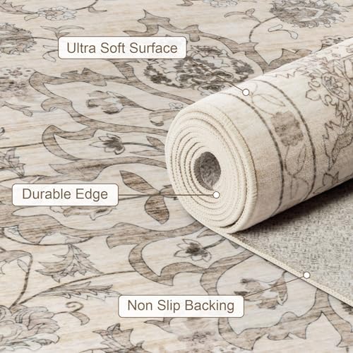 Round Area Rug for Living Room: 8ft Boho Washable Rug Brown Beige - Image 6