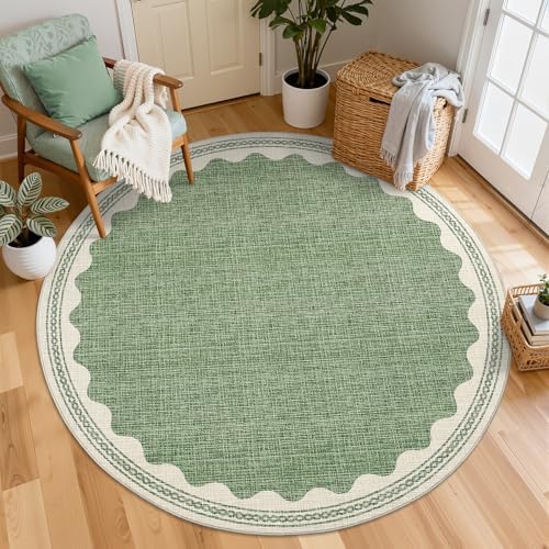 GarveeHome Scalloped Sage Green 4ft Round Rug Washable Non-Slip Soft Ultra-Thin Small Circle Modern Cottage Core Solid Carpet for Entryway Kitchen Bedroom Nursery Dining Room by GarveeHome