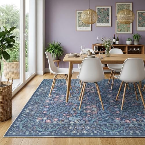 Blue Floral Living Room Rug 5x7 Area Rug - Vintage Forest Washable Rug for Dining Room, Bedroom, Ultra Soft Low Pile Non Slip Stain Resistance Distressed Boho Farmhouse Flower Carpet - Image 4