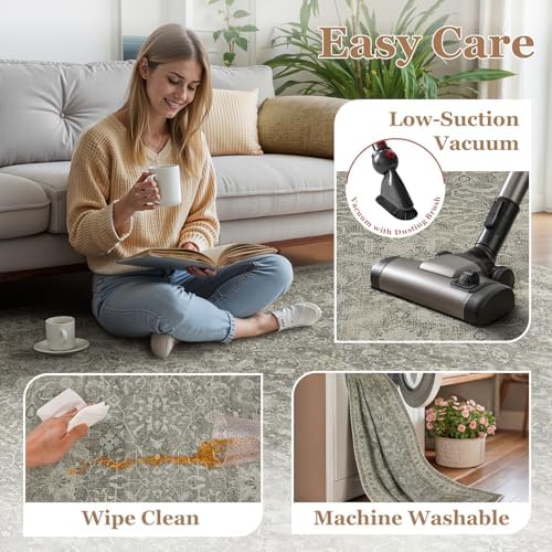 Neutral Gray 5x7 Area Rugs, Transitional Modern Faromhouse Print Rugs for Living Room Bedroom, Washable Non Slip Ultra Thin Carpet Rug for Dining Room Home Office, Soft French Gray/Beige/Olive - Image 6