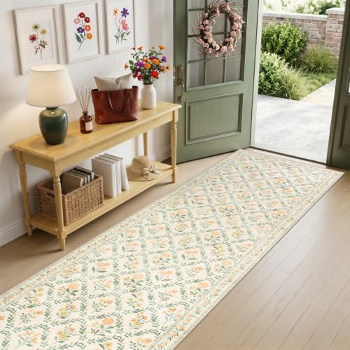 PLHXFR 2.6x10 Washable Runner Rug：Floral Indoor Kitchen Carpet Beige Multi - Image 2