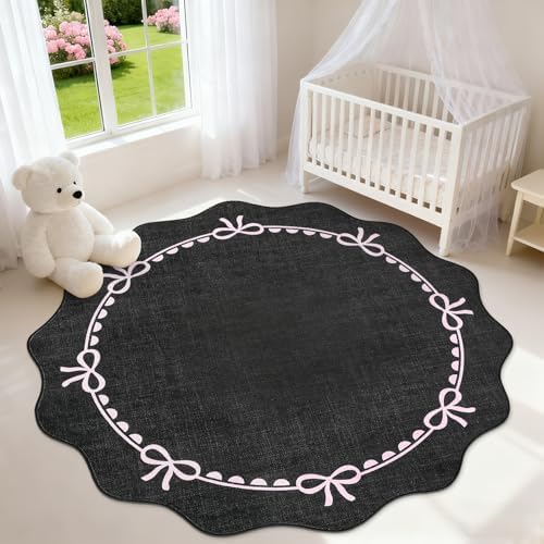 GarveeHome 5ft Round Rugs Washable Scalloped Bow Rug for Bedroom Black Pink by GarveeHome