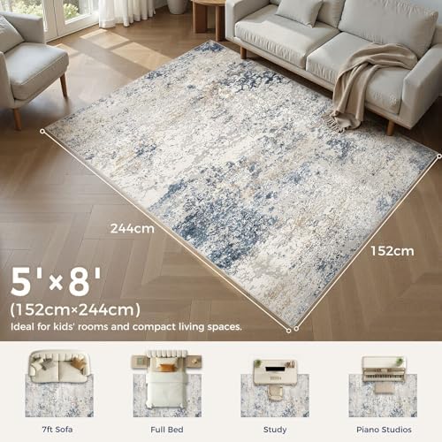 DMOYEST Area Rug Living Room Rugs 5x8 Washable Abstract Beige Blue Carpet - Image 2