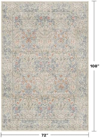 Washable Dining Room Rugs, 6x9 Area Rug for Living Room, Bedroom, Kids Playroom, Baby Nursery - Low Pile Non-Slip Lightweight - Oriental Vintage Design & Stain Resistance (6x9 Light Beige Blue) - Image 2
