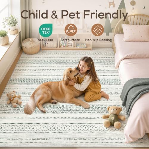 Nakagishi Green Rug Living Room 5x8: Washable Boho Large Neutral Farmhouse Soft Area Rugs Modern Stain Resistant Moroccan Indoor Non-Slip Floor Carpet for Bedroom Nursery Kids Playroom Office - Image 4