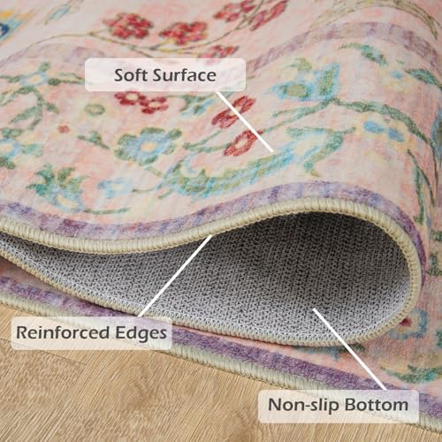 Goideal Pale Pink Rug for Girls Room, 6x9 Floral Washable Area Rug Non Slip, Boho Low Pile Carpet with Rubber Backing for Bedroom Living Room Bathroom Playroom Nursery Office - Image 6