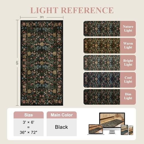 DUKINO 3x6 Kitchen Runner Rug, Washable Vintage Floral Area Rug, Black - Image 2