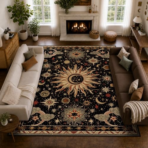 Vacuum-Friendly, 10x12 Washable Area Rug, Black Gold Beige Red by meejou