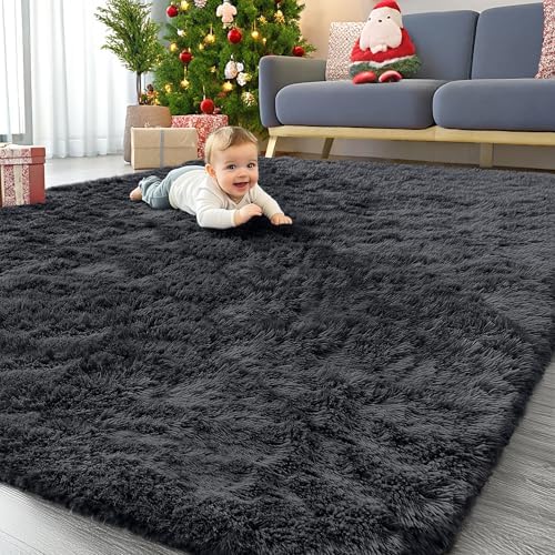 OLANLY 6x9 Machine Washable Large Area Rugs for Living Room, Bedroom, Soft Fluffy Shaggy Bedside Rug, Indoor Floor Carpet for Kids Girls and Boys, Dorms, Nursery, Home Decor Aesthetic, Black by OLANLY