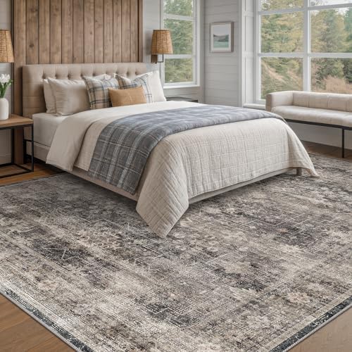 Modern 8x10 Charcoal and Beige Area Rug for Living Room, Washable Farmhouse Boho Rug for Bedroom, Distressed Oriental Geometric Design, Stain Resistant Low Pile Non-Slip Ultra Soft, Moody Décor - Image 3
