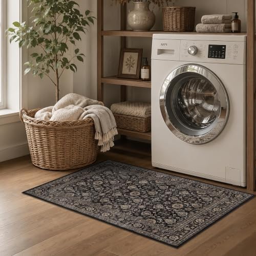 JOOJA 2x3 Black Gold Vintage Low Pile Non Slip Washable Boho Entryway Rug - Image 3