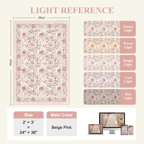 DUKINO 2x3 Rug, Washable Vintage Floral Bathroom Rugs Non Slip, Beige Pink - Image 2