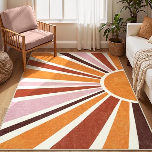 LIVEBOX Retro Sun Rug 4x6 Large Boho Rug for Bedroom Indoor Office,Machine Washable Throw Area Rug Floor Mat,Non-Slip Orange Carpet Extra Soft Nursery Rug for Kidsroom by LIVEBOX