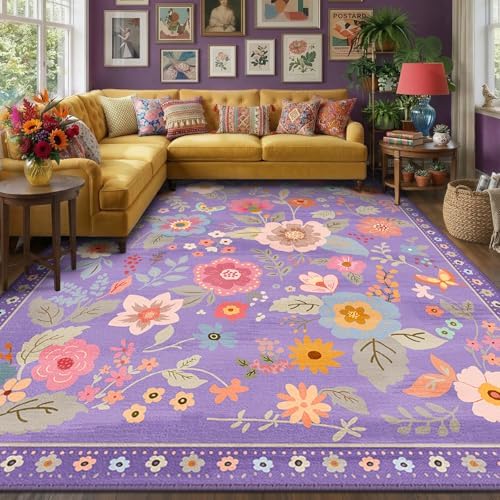 RELEANY Floral Washable 9x12 Area Rugs Purple/Pink by RELEANY