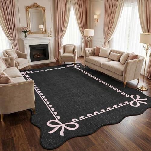GarveeHome Scalloped Bow Rug 5x7 Washable Rug for Living Room, Black Pink by GarveeHome