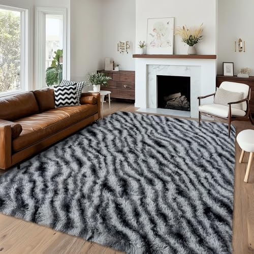 6x9 Zebra Fluffy Rug for Bedroom Living Room Washable Non-Slip by WISHTREE