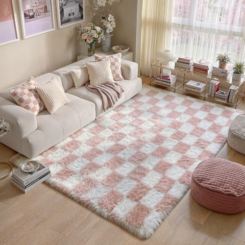 PureCozy Pink Area Rug 6x9 for Living Room Soft Checkered Shag Carpet by PureCozy