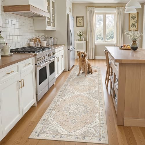 Madane Hallway Runner Rug 2x8 Washable Kitchen Rugs Non-Slip, Pink/Gray by Madane