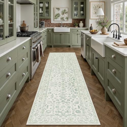 PureCozy 2x10 Green Runner Rug Washable Hallway Non Slip Kitchen Vintage by PureCozy