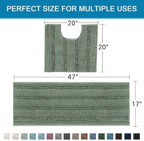 H.VERSAILTEX Bathroom Rugs Bath Rug Set 2 Piece Bathroom Contour Rug Toilet Mat Non Slip Contour Bath Rug Ultra Thick Water Absorbent Striped Bath Mats Washable(47" x 17" Plus 20" x 20" U, Green Bay) - Image 2