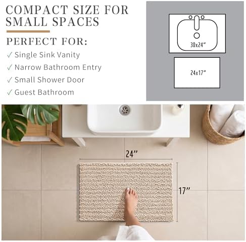 Yimobra Bathroom Rugs Non Slip Washable - Ultra Soft Absorbent Chenille Bath Mat, Quick Dry Shaggy Floor Carpet for Tub Shower, Light Brown Home Decor Accessories, 24x17 Inch - Image 2