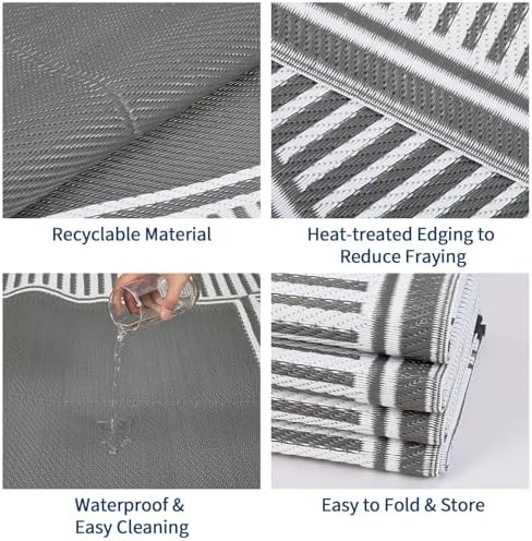 GAOMON Large Outdoor Camping Rug 9x18 Modern Bordered Reversible Outdoor Carpet, Foldable Retro Plastic Straw Rug, Portable Outside Patio Rugs Floor Mat for Porch, Beach, Balcony, Backyard,Border-Grey - Image 6